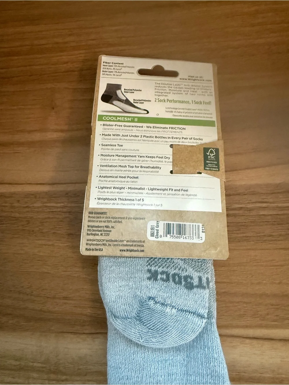 Wrightsock Coolmesh II Light Gray Double Layer Socks NEW! Sz L